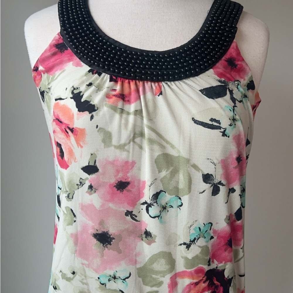 Maurices Floral Tank Top with Black Beaded Neckline
